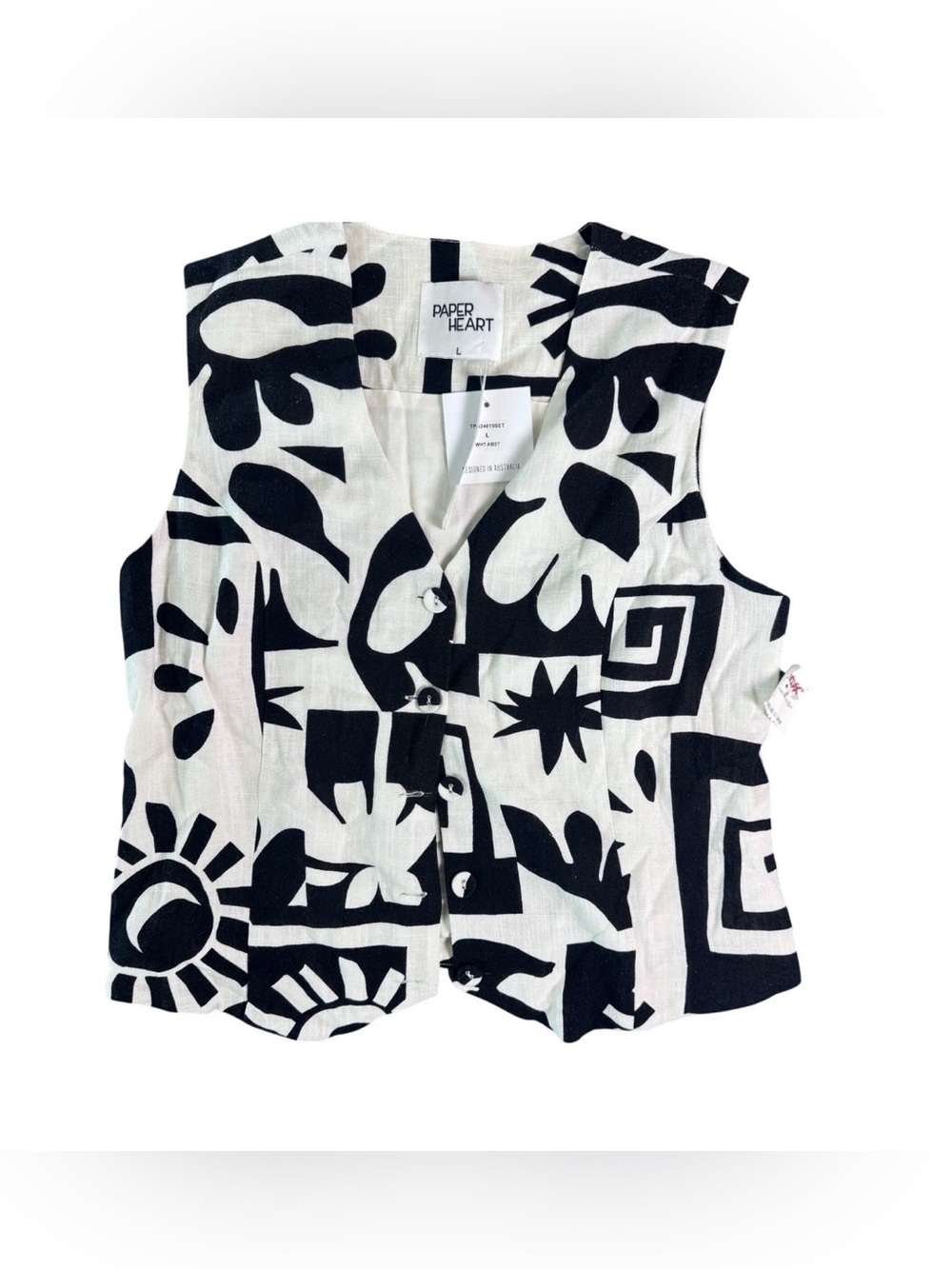Paper Heart Women’s Linen Blend Abstract Print Vest Waistcoat Black White Large